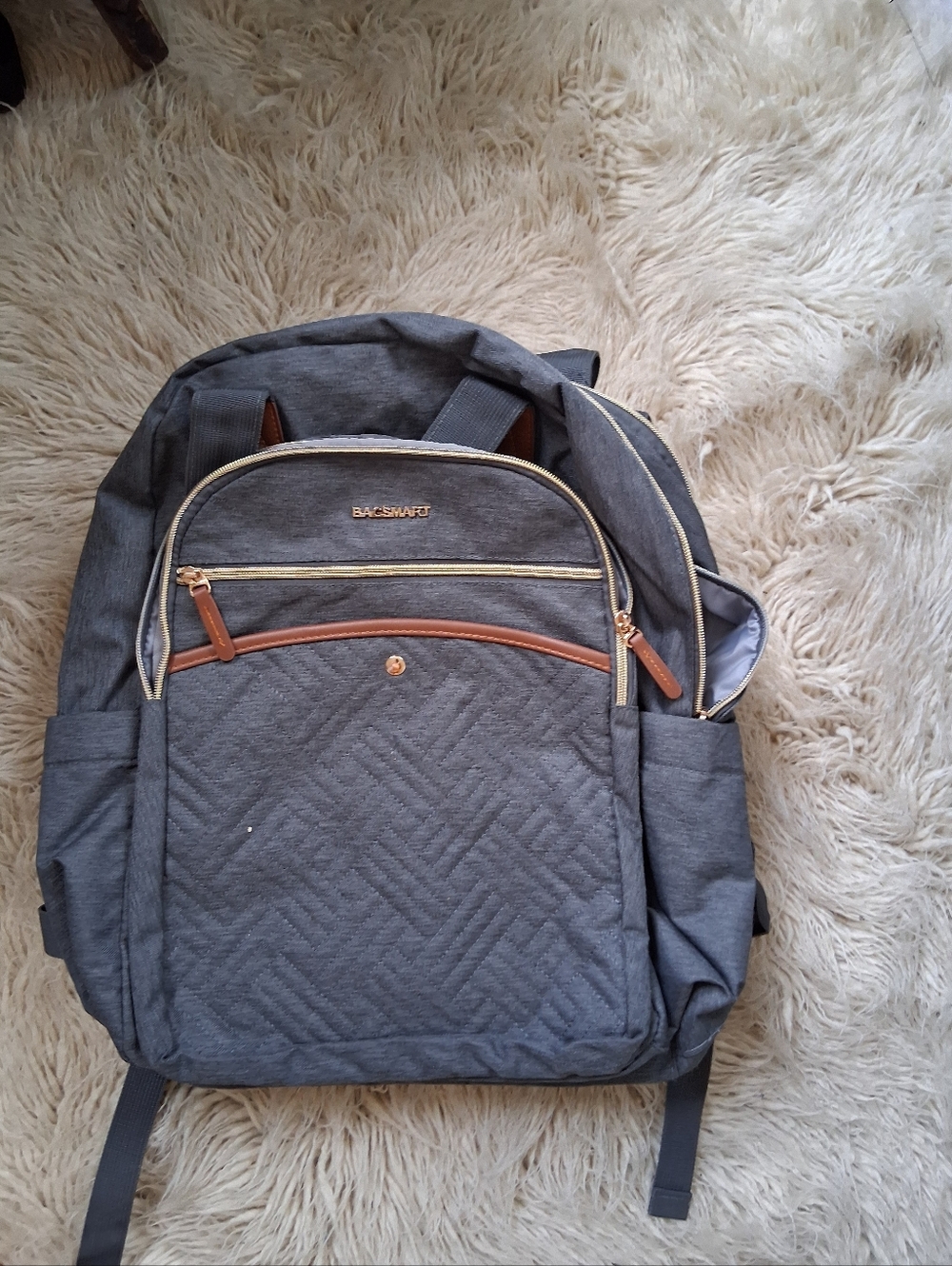 Bagsmart Gray Quilted Backpack with Brown Trim Gold Hardware